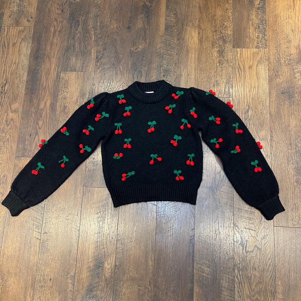 Farm Rio Crochet Cherry Sweater Black XS